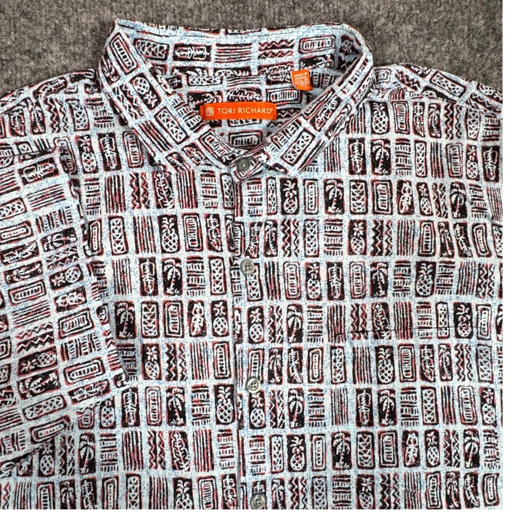 Tori Richard Hawaiian Shirt Tribal Pineapple Men XL Blue Red Cotton Lawn USA EUC